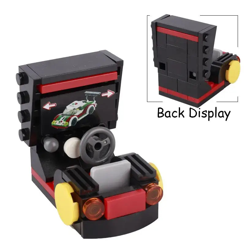 Arcade de course lego moc noire et rouge avec volant gris, pédales jaunes, lumières orange translucides accessoire lego adulte