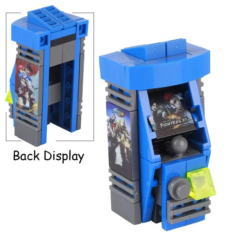 Lego moc arcade machine bleu et gris avec jeu fighters 97 joystick et bouton jaune accessoire lego adulte salle de jeux casino