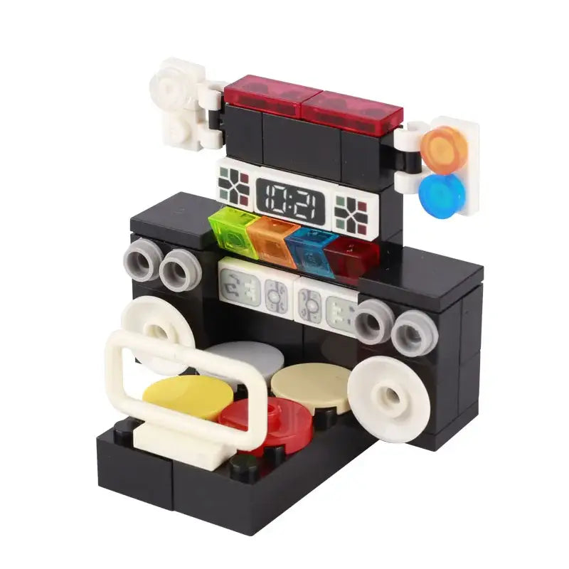 Lego moc lego adulte accessoire lego boombox rétro noire avec blocs translucides colorés et écran digital rouge