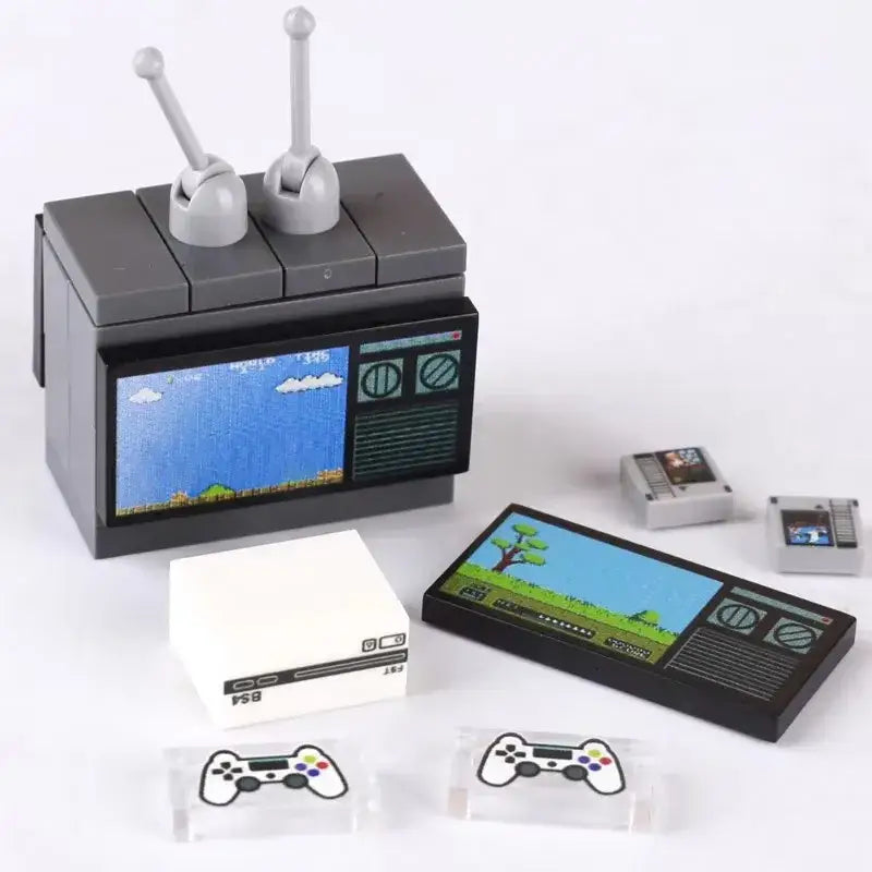 Lego moc télévision rétro noire avec antennes grises et écran pixelisé ciel bleu accessoire lego adulte casino