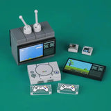 Télévision rétro gris lego moc avec antennes blanches et écran pixelisé ciel bleu accessoire lego adulte salle de jeux casino