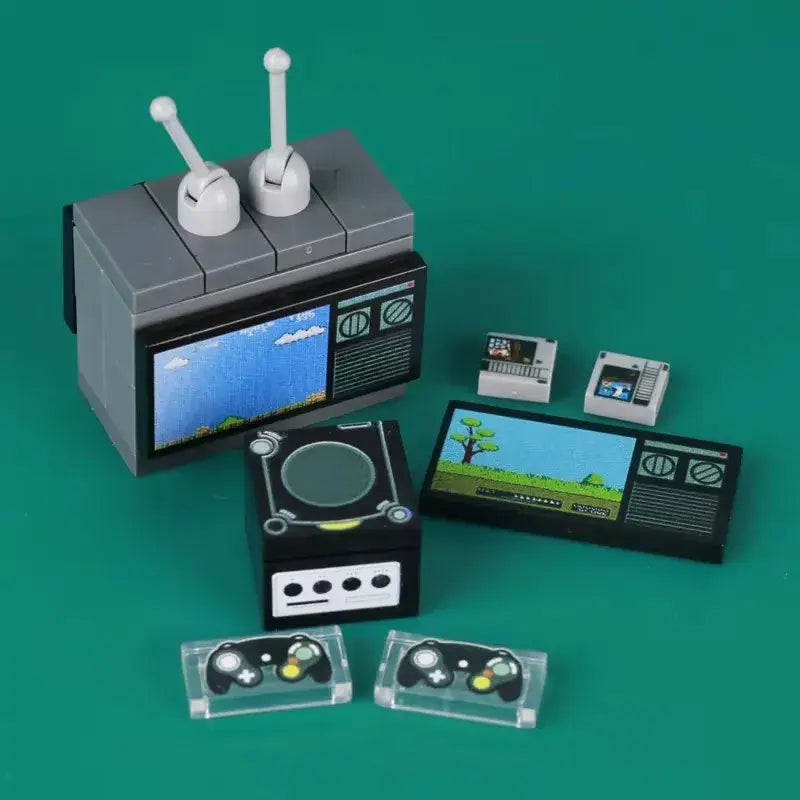 Lego moc téléviseur gris style lego avec antennes blanches et écran pixel nuage pour accessoire lego adulte salle de jeux casino