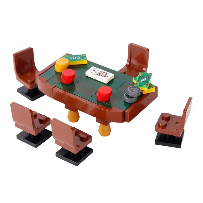 Table de poker lego moc en brun avec surface de jeu verte, jetons rouges et gris, cartes et argent factice pour lego adulte accessoire lego salle de jeux casino
