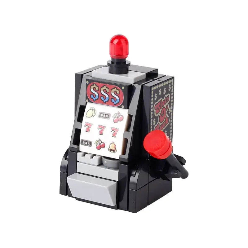 Lego moc accessoire lego adulte slot machine noir et gris avec boutons rouges et symboles colorés salle de jeux casino