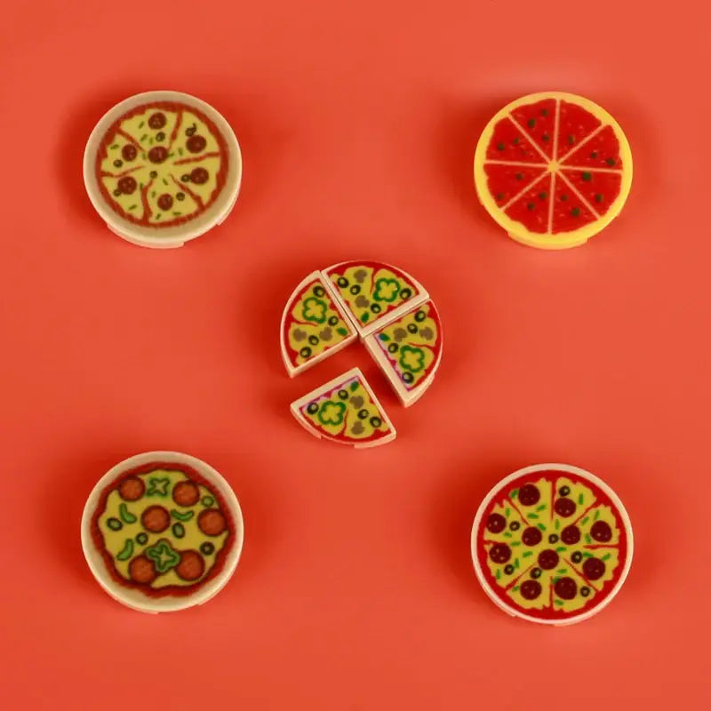 Miniature erasers lego moc alimentaire pizza with vibrant colors and detailed playful toppings for lego nourriture design
