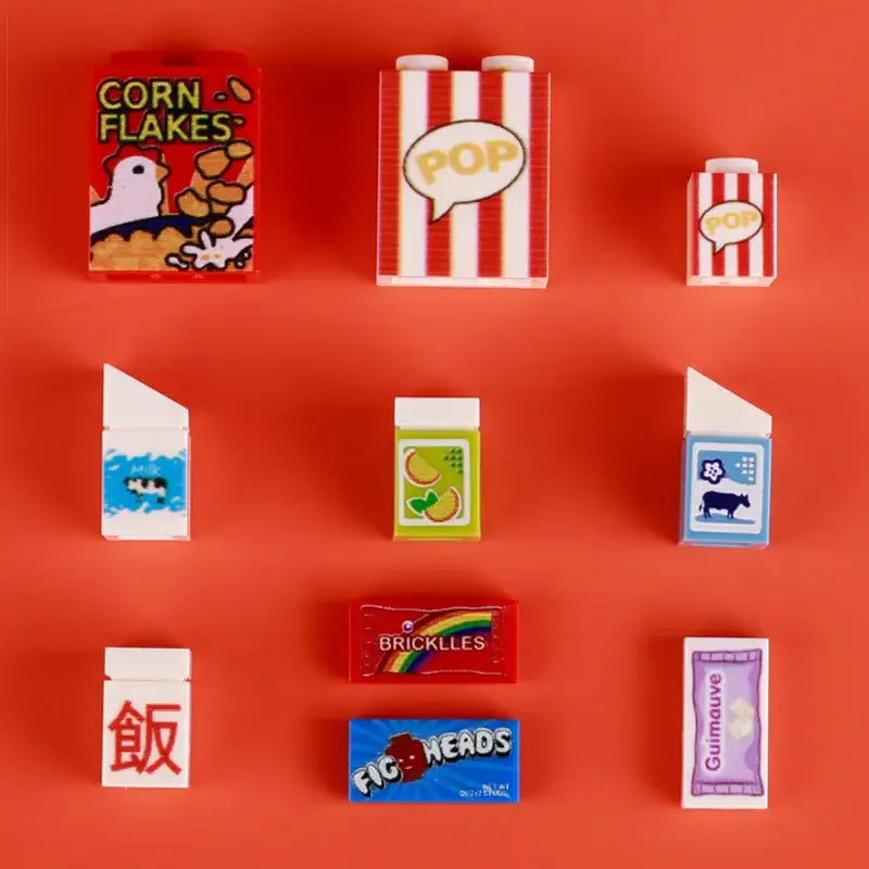 Lego moc alimentaire lego nourriture boîte de popcorn rayée rouge et blanc avec bulle jaune pop