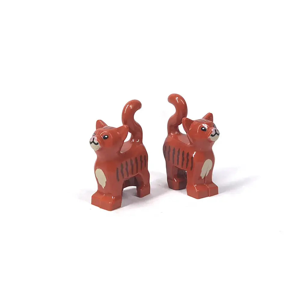 Deux minifigurines lego moc chat orange avec accents blancs et rayures noires pour lego animaux de ferme