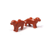 Deux figurines lego animaux orange, chien lego moc avec un légèrement plus grand, thème lego ferme animaux de ferme