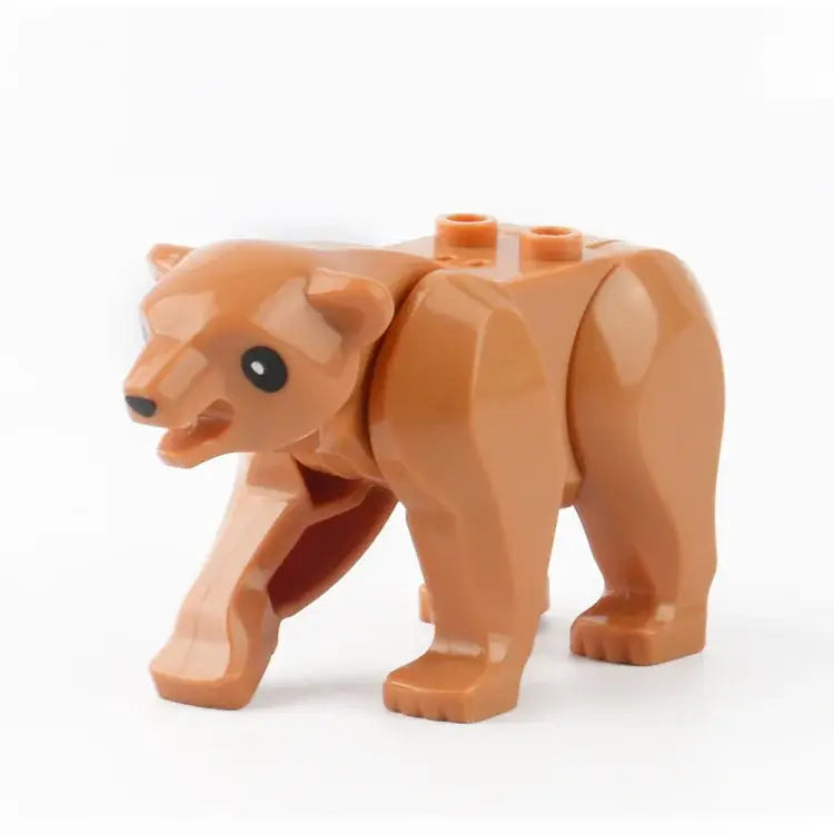 Figuine lego moc ours en plastique brun avec yeux noirs et nez petit en pose de marche pour lego ferme animaux