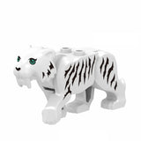 Minifigure lego moc tigre blanc en plastique avec rayures noires yeux verts pour lego animaux de ferme