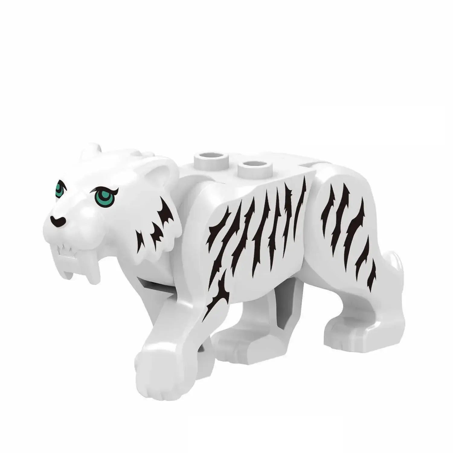 Minifigure lego moc tigre blanc en plastique avec rayures noires yeux verts pour lego animaux de ferme