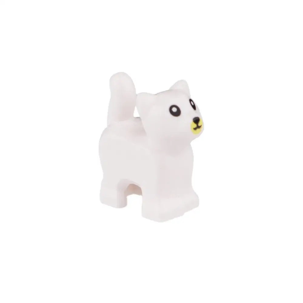 Figurine lego moc chat en plastique blanc avec yeux noirs nez et bouche jaunes dans lego animaux de ferme