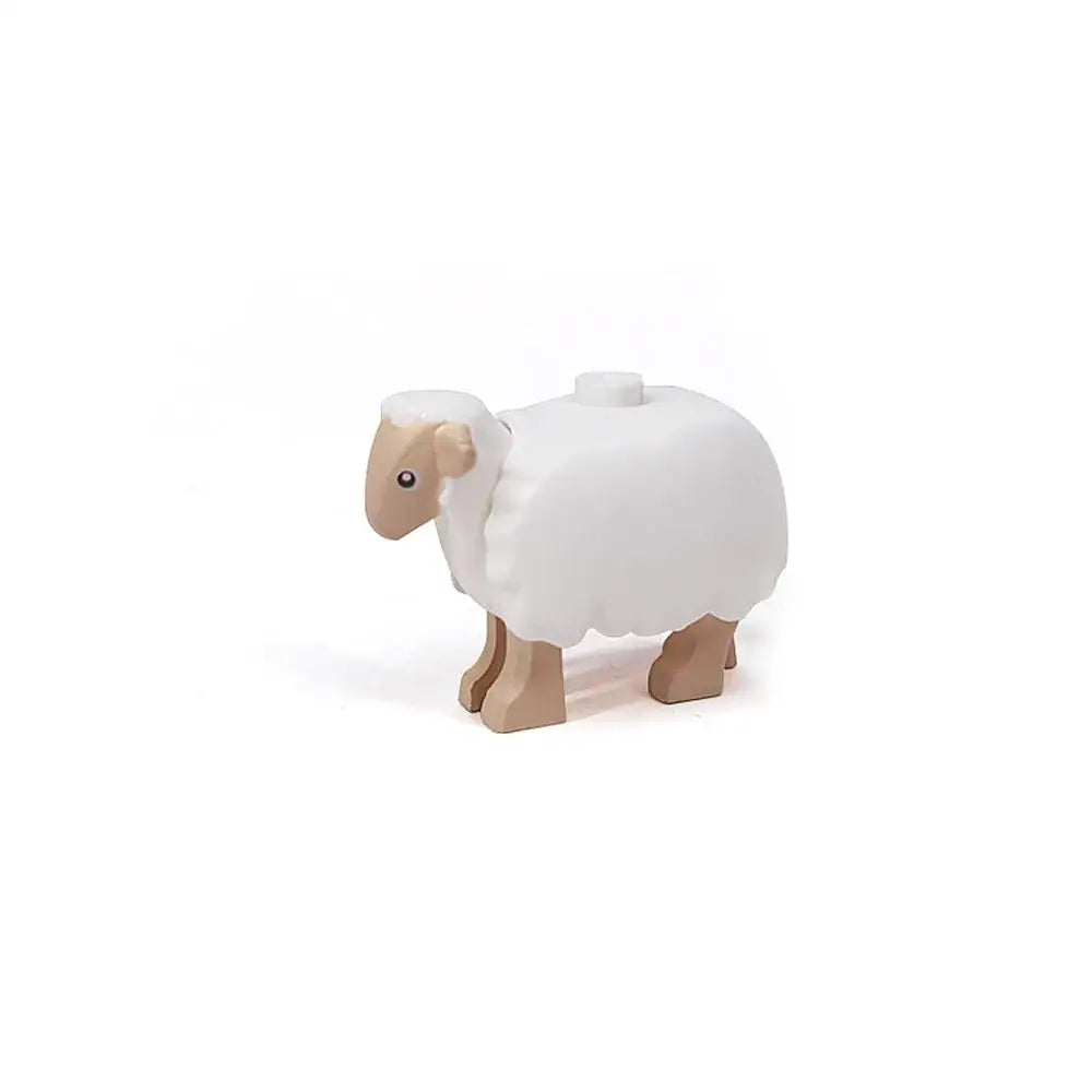 Figurine lego moc animaux de ferme en plastique blanc et beige représentant un mouton avec corps texturé laineux et pattes couleur fauve