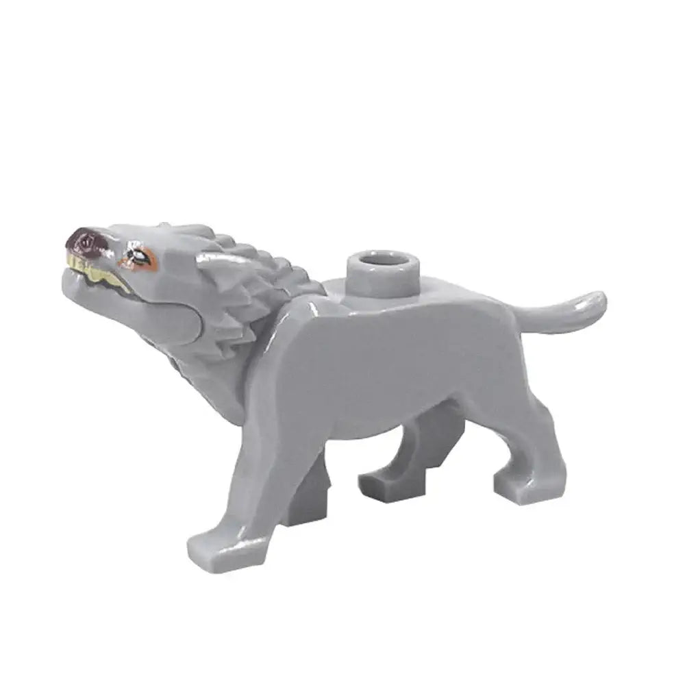 Lego moc lego animaux minifigure loup en plastique gris avec crinière détaillée bouche ouverte et pic sur le dos