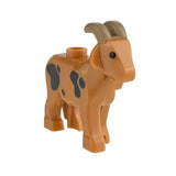 Figurine en plastique tan de chèvre avec taches noires et cornes courbées pour lego moc animaux de ferme