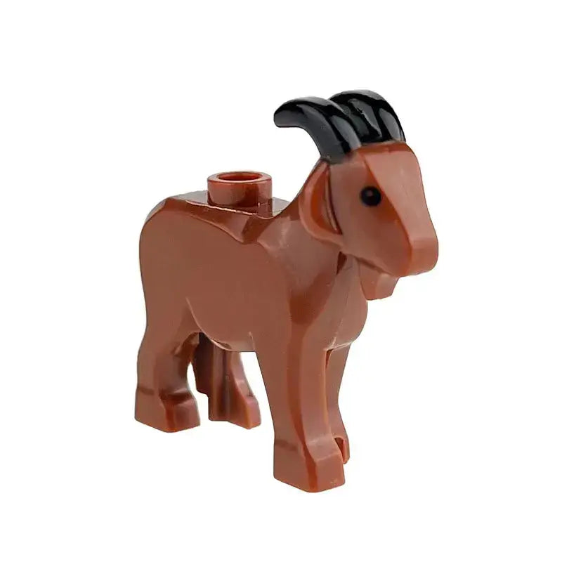 Brown lego goat minifigure with black curved horns and circular stud on back for lego moc animaux de ferme