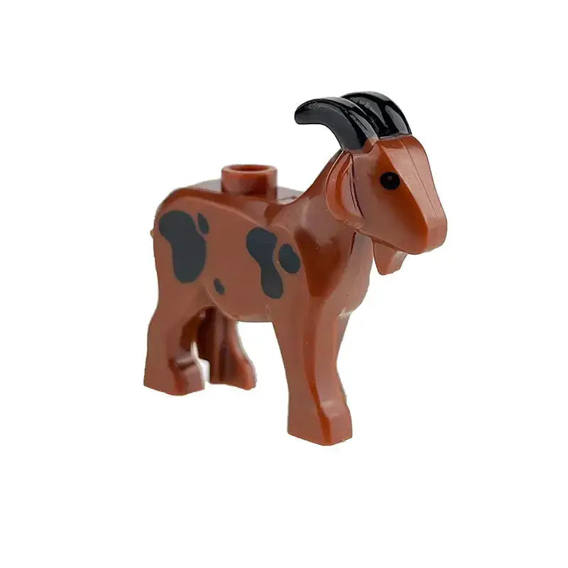 Brown plastic goat with black horns and spots designed as a lego minifigure accessory for lego moc animaux de ferme