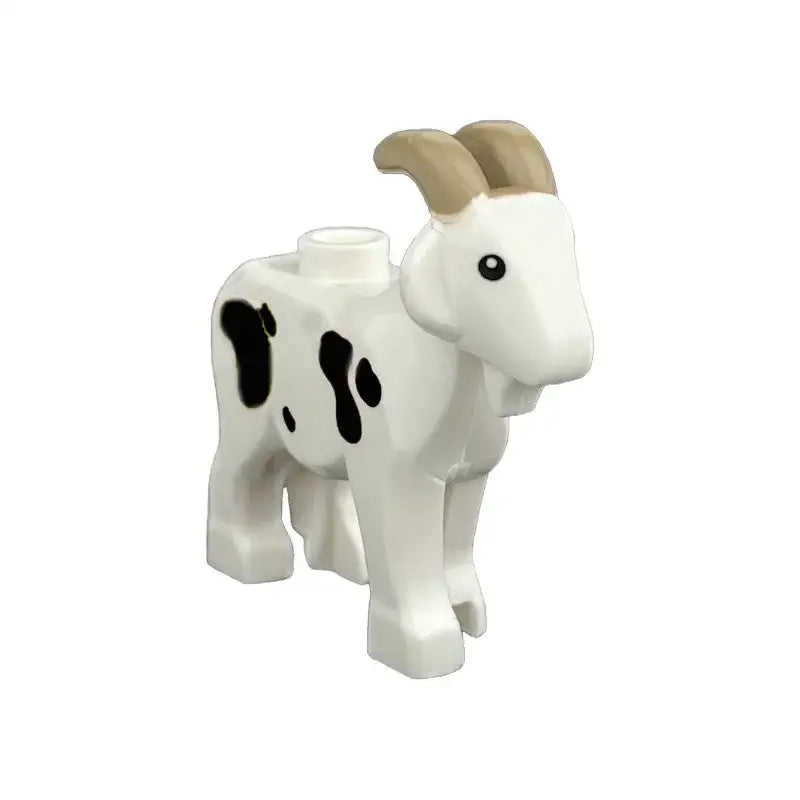 Lego moc animaux de ferme avec chèvre en plastique blanc à taches noires et cornes beige accessoire lego ferme