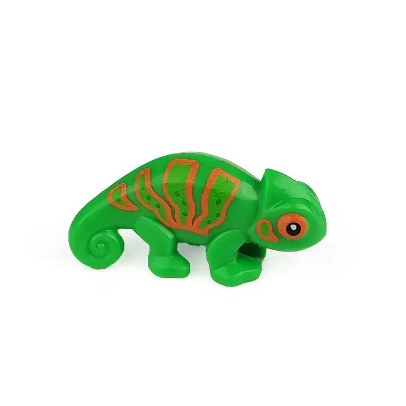 Figurine lego moc animaux de ferme de caméléon vert avec motifs orange et yeux noirs en lego animaux ferme