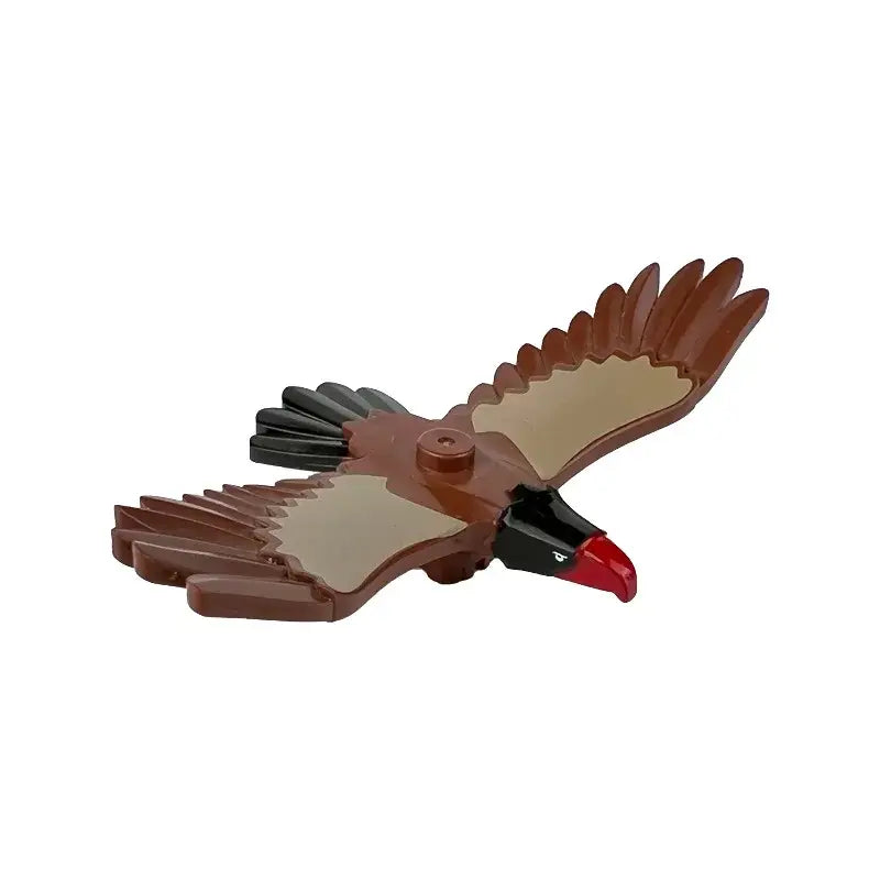 Lego moc animal de ferme oiseau en lego plastique marron et noir avec bec rouge ressemblant à un vautour en vol