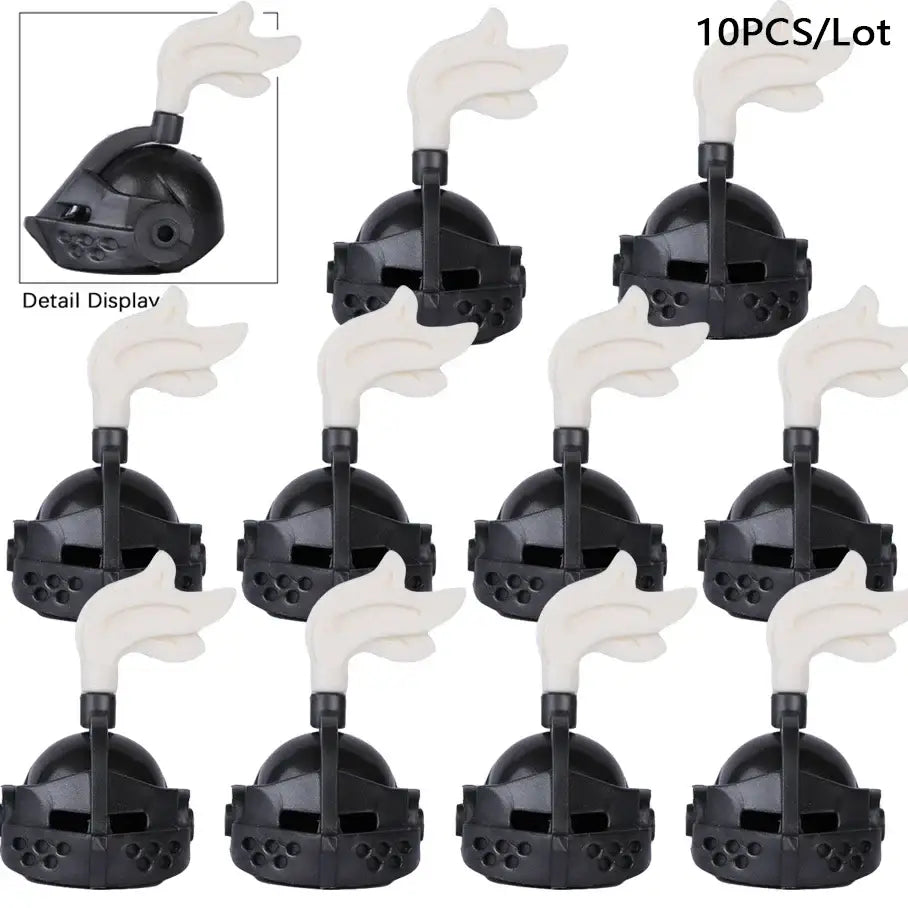 Black plastic knight helmet charms with white feather flags for lego moc medieval accessoire lego armes médiévales