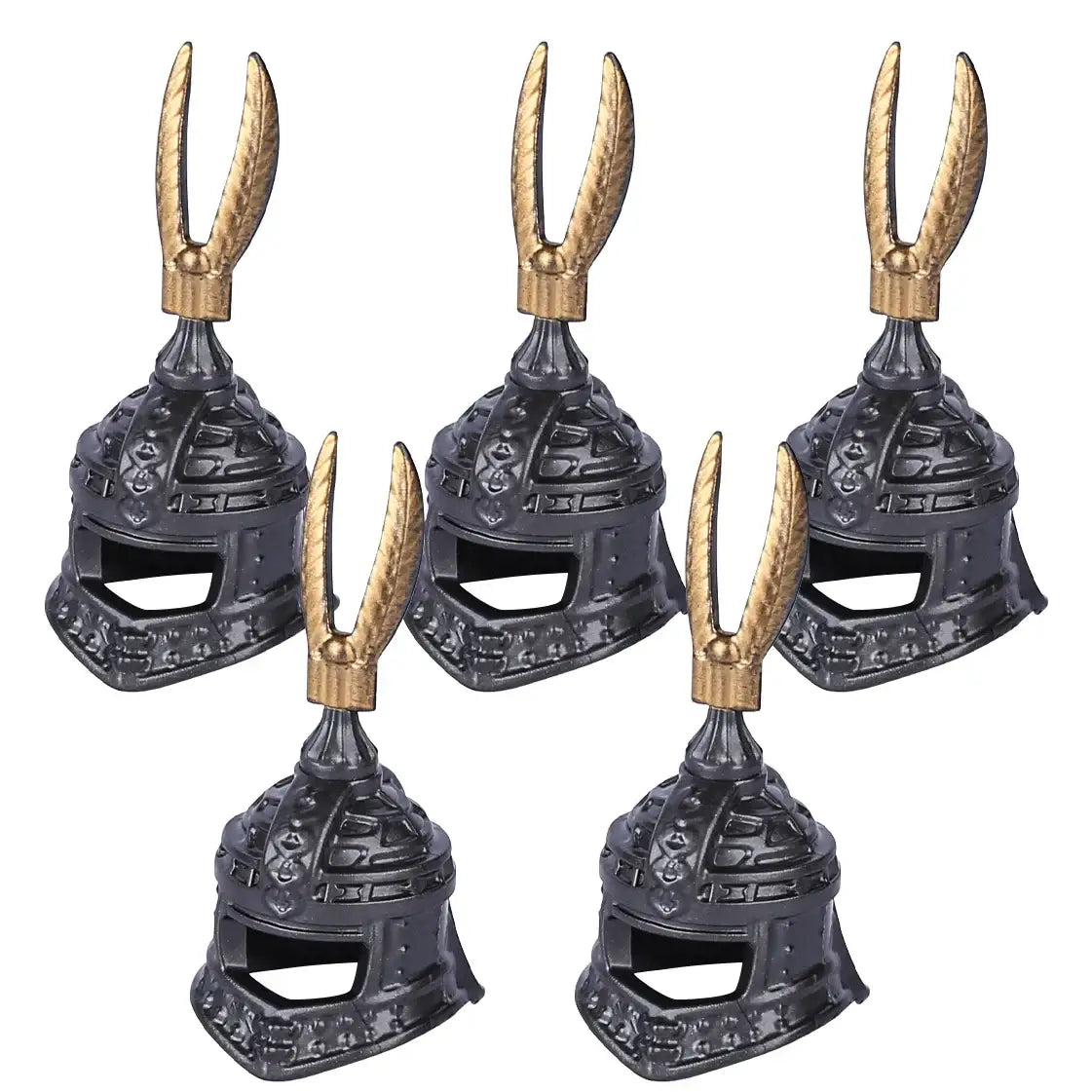 Ensemble de cinq casques samouraïs miniatures noirs et dorés avec détails ornés accessoire lego moc médiéval