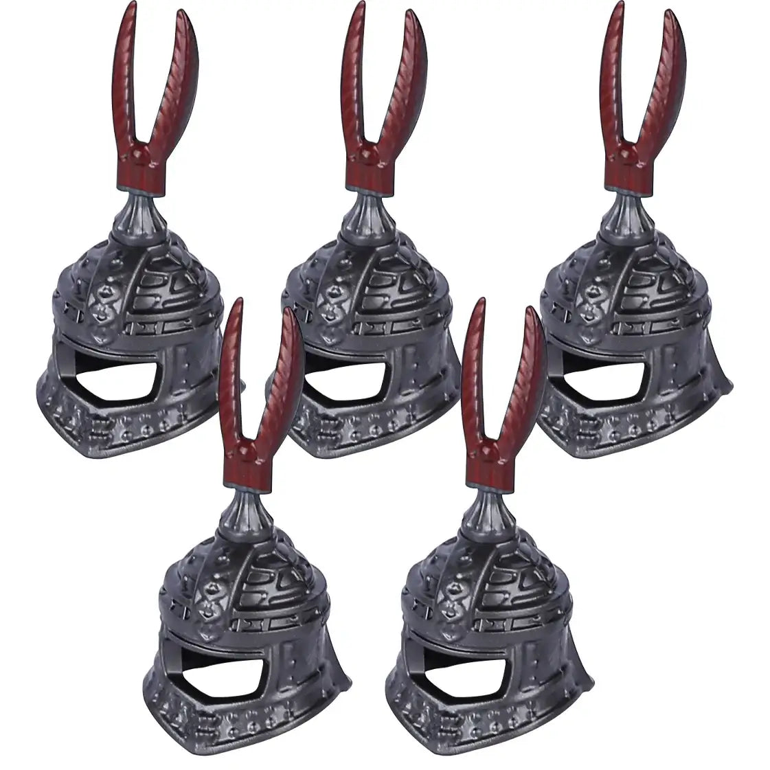 Set de cinq casques miniatures en fonte gris foncé avec poignées rouges griffues pour lego moc medieval accessoires