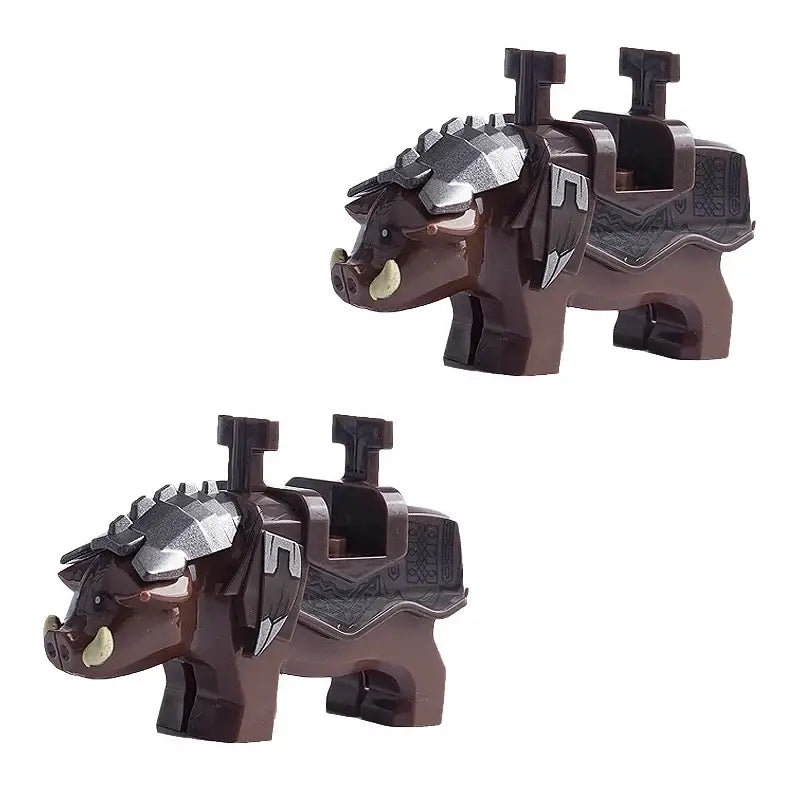 Lego moc warhog marron en plastique avec armure metallique argent et defense blanches accessoire lego medieval