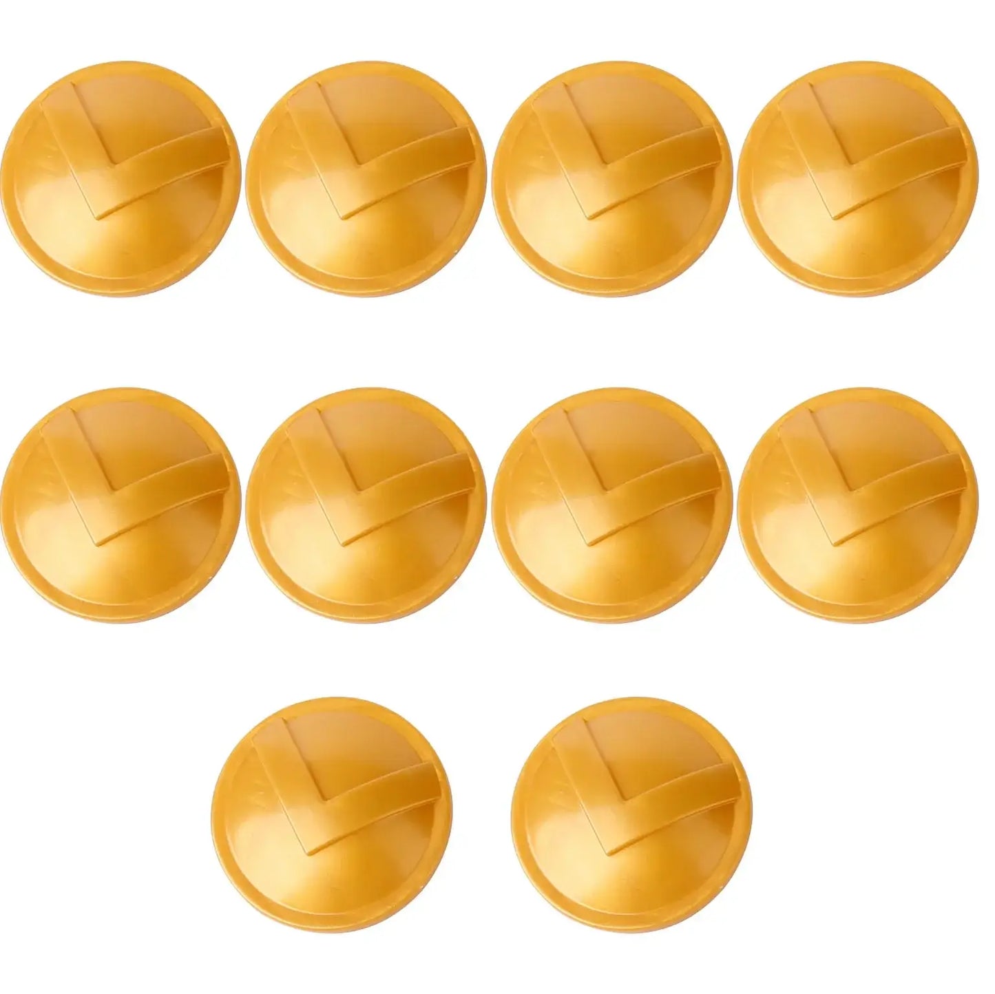 Golden glossy plastic wheel hub caps with distinctive v-shaped embossed design for lego moc medieval accessory