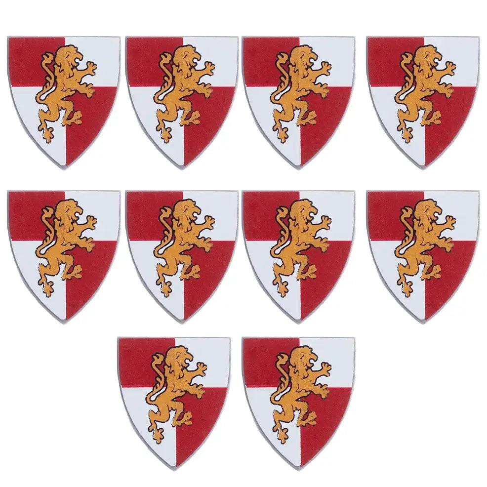 Lego moc medieval accessoire deux écussons rouge et blanc en forme de bouclier avec un lion rampant doré