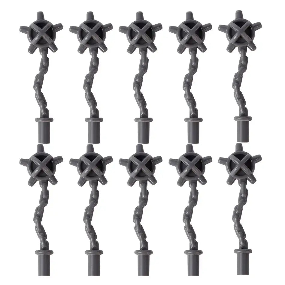 Dix pièces lego moc medieval en plastique gris foncé représentant un accessoire lego barbelé avec chaîne torsadée et étoile