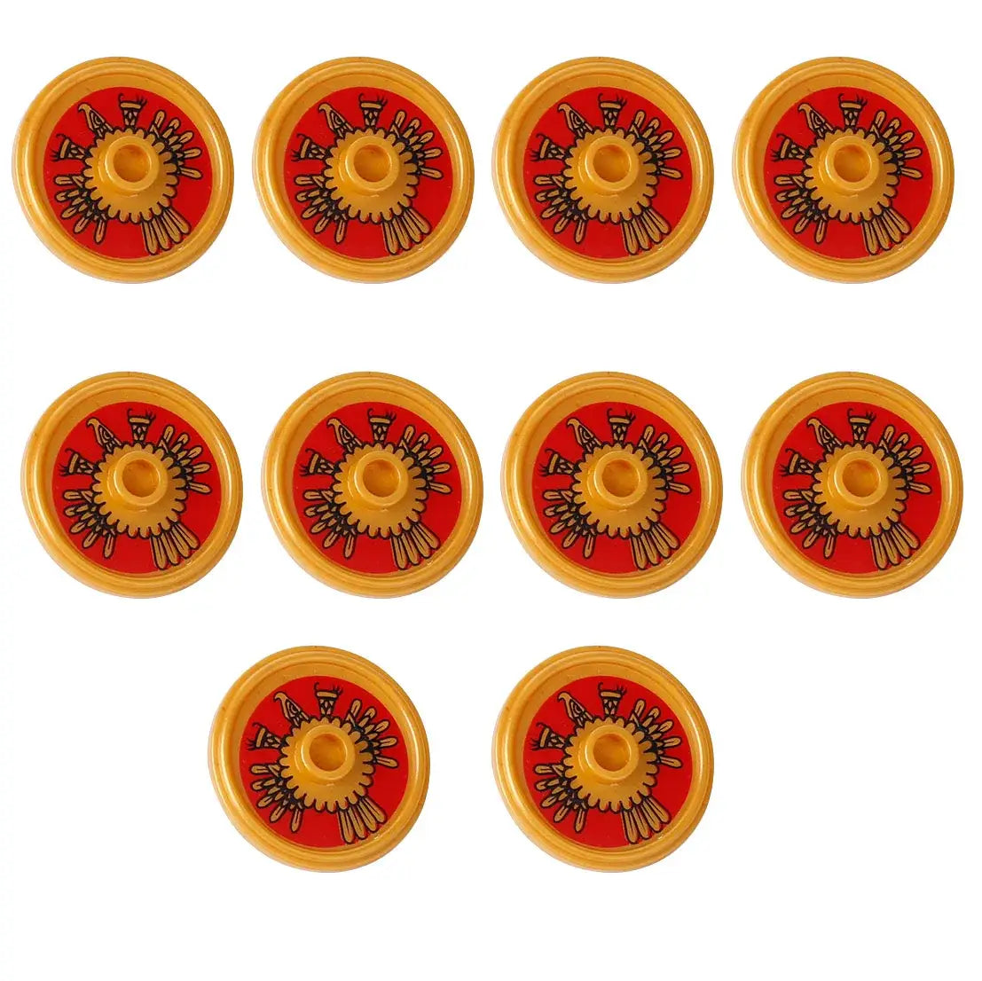 Roues lego moc médiévales rouges et jaunes avec motifs décoratifs noirs accessoire lego pour moc armes médiévales