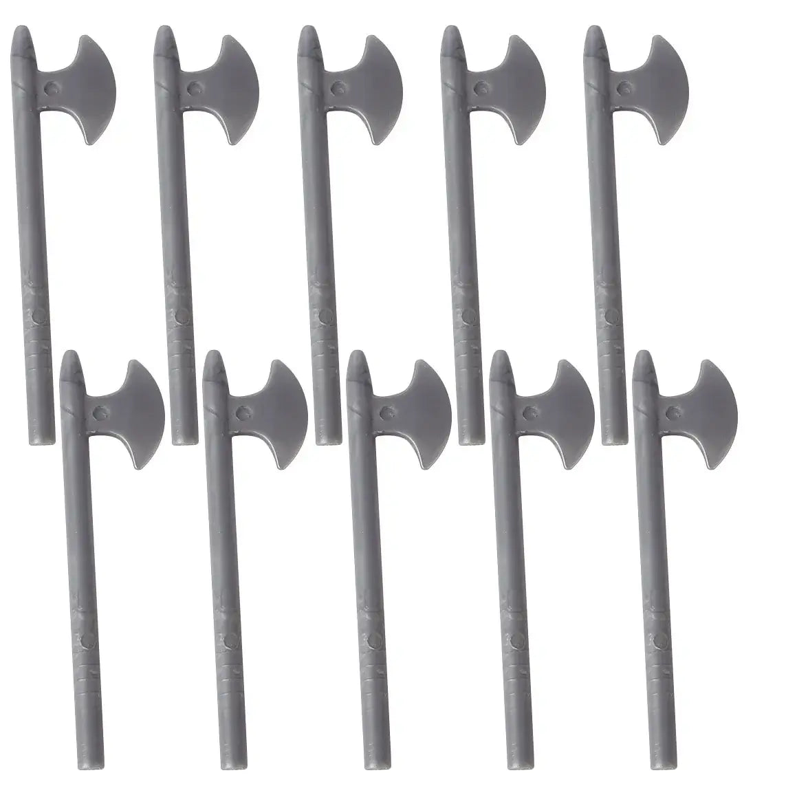 Dix têtes de hache lego moc medieval grises en plastique avec manche lisse et lame courbe accessoire lego