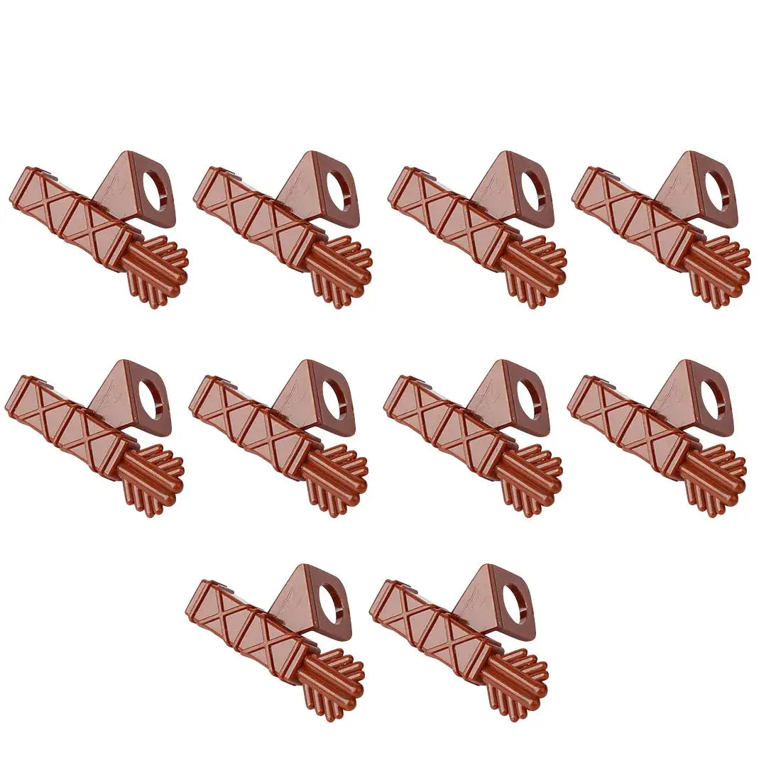 Brown plastic key-shaped wall anchors with triangular base and textured grip for lego moc medieval accessoire lego
