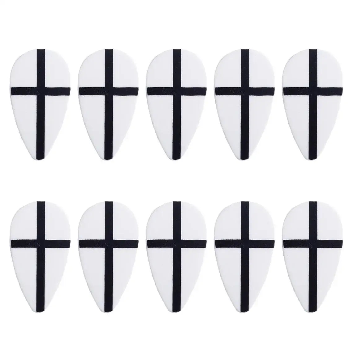 Dix médiévales lego moc accessoire guitare picks blancs avec motif croix noire disposés en deux rangées
