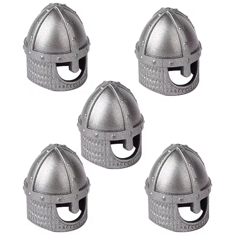 Figurines casque viking métallique argenté avec plaques rivetées et ouverture visière accessoire lego moc médiéval