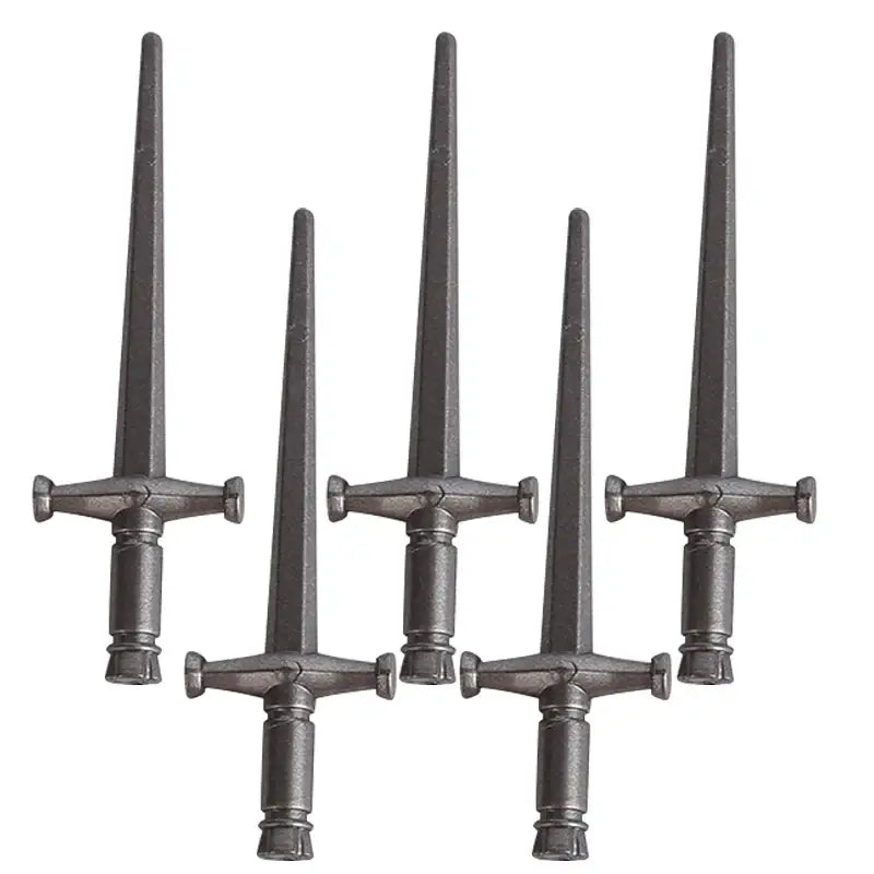 Cinq épées métalliques gris foncé lego moc medieval avec garde croisée accessoire lego moc médiéval