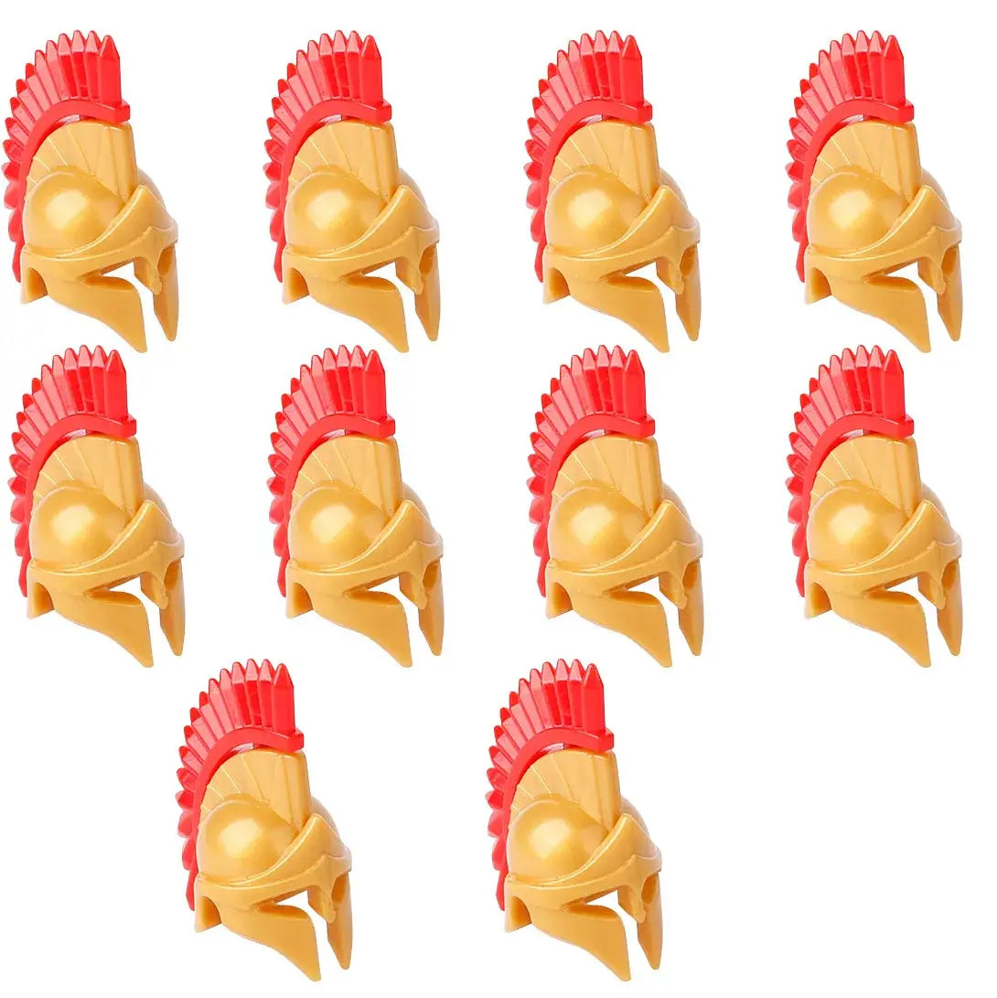 Casque spartiate jaune en plastique avec crête rouge épineuse accessoire lego moc médiéval pour lego moc armes