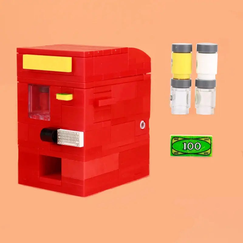 Lego moc banque coffre-fort en brique rouge avec accents jaunes et fente à pièces noire pour rangement sécurisé