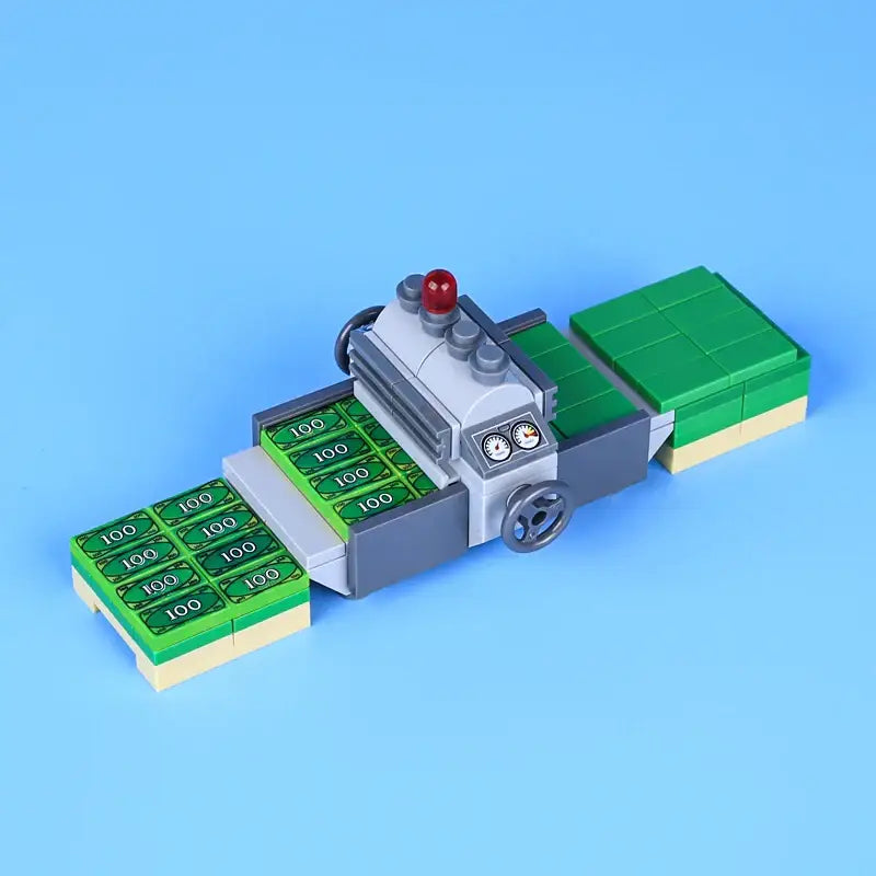 Lego moc lego banque lego coffre-fort machine à imprimer de l’argent en briques gris et vert avec lumière rouge sur le dessus