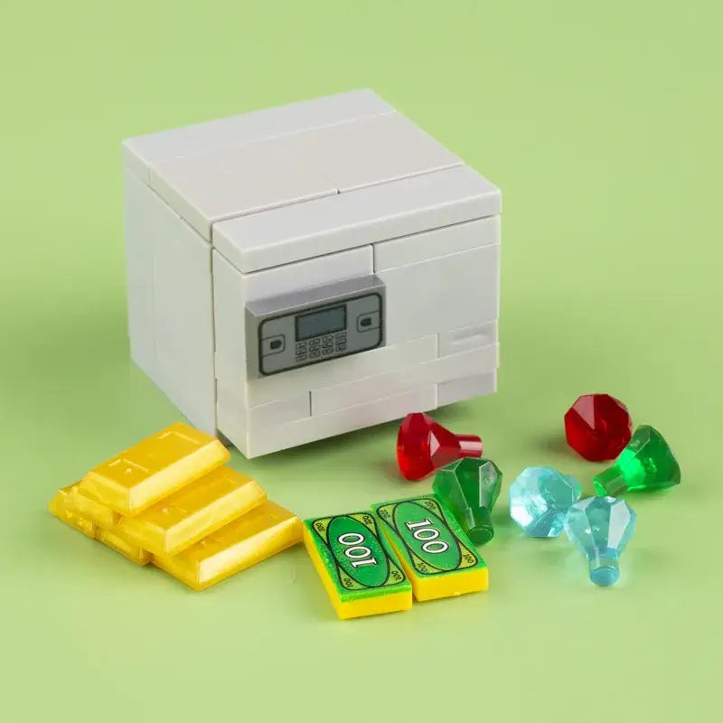 Lego moc banque coffre-fort blanc en briques avec clavier digital gris et petites fentes rectangulaires sur le devant