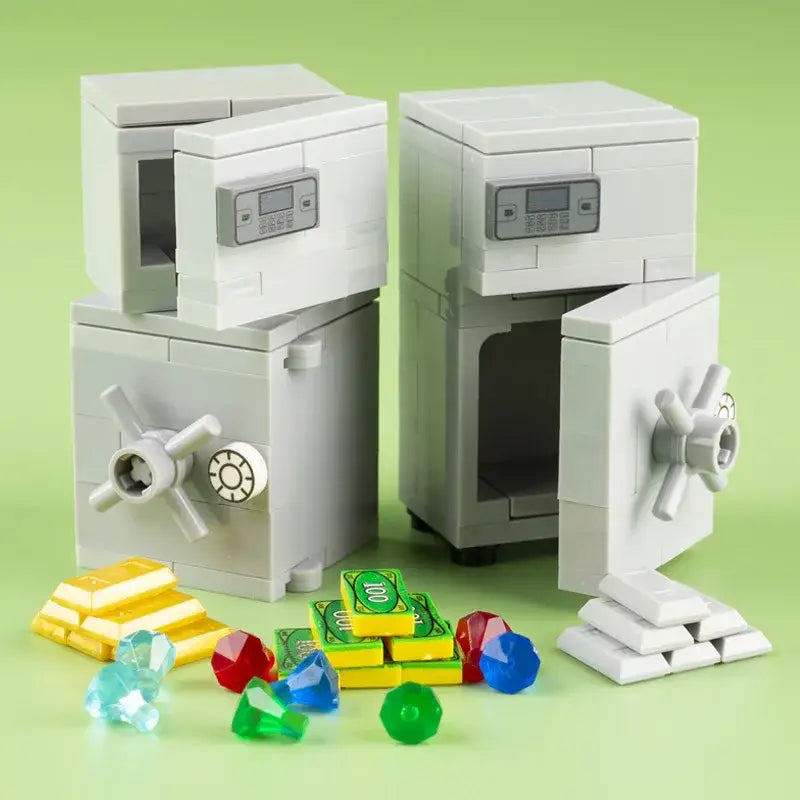 Lego moc banque coffre-fort blanc en briques lego avec portes ouvertes et panneaux numériques entouré de pierres précieuses colorées