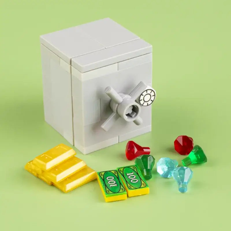 Lego moc banque coffre-fort blanc en brique avec combinaison et poignée entouré de lingots or billets et pierres précieuses