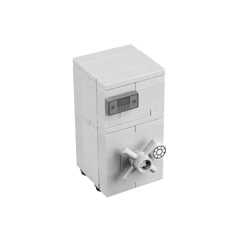 White lego moc coffre-fort with digital keypad and combination dial lock for secure lego banque storage