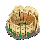 Maquette lego moc colisée de rome avec arches monumentales elliptique emblématique en beige et marron entourée d arbres verts