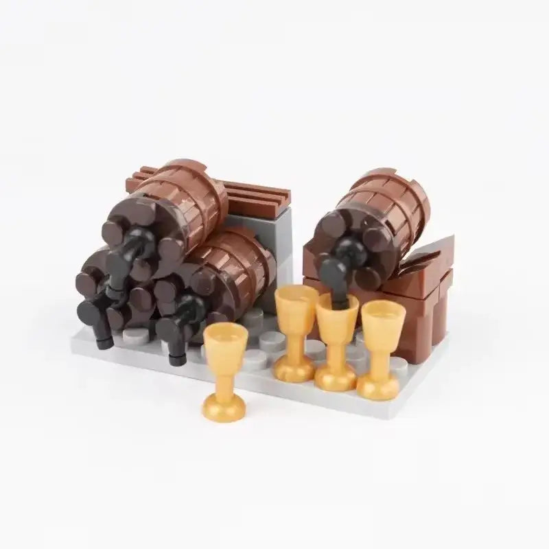 Lego moc medieval avec tonneaux en lego marron à bec noir et gobelets dorés sur base grise pour déguisement carnaval