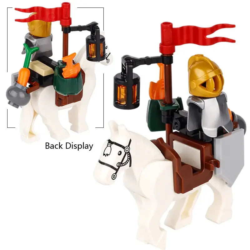 Lego moc medieval représentant un chevalier blanc en plastique avec casque or, armure argentée, drapeau rouge et lanterne