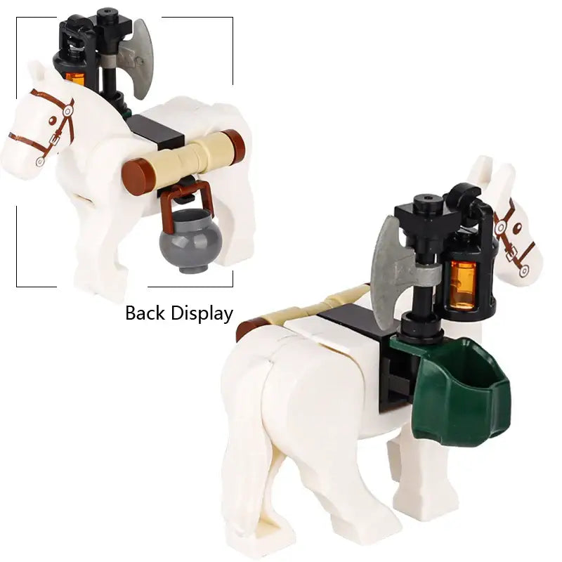 Cheval en lego moc medieval blanc avec harnais et selle marron portant une hache noire pour déguisement carnaval