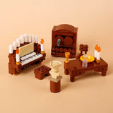 Lego moc medieval piano vintage brun avec touches blanches et bougies flamme orange idéal pour déguisement carnaval