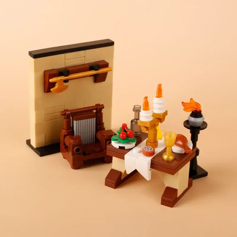 Table lego moc medieval en bois marron avec nappe blanche miniature nourriture bougies et torche pour déguisement carnaval
